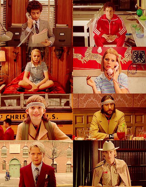 a collage of images from the film "the royal tenenbaums," directed by wes anderson.  each section shows a different character or group of characters in a distinct setting.  the images are arranged in a grid format, capturing various moments and showcasing the film's distinctive visual style, costuming and character development. the overall tone is retro, with a focus on 1970s aesthetics and the film's signature blend of humor and melancholy.