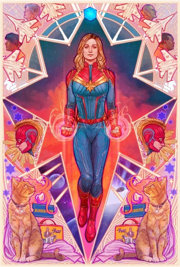 a vibrant and stylized illustration of captain marvel. she is depicted in her superhero costume, surrounded by elements from her movie and comic book appearances. these elements include fighter jets, her starforce team, cats (including goose the flerken), a blockbuster video store reference, a lunchbox, a tesseract, and nods to her space adventures. the artwork has a stainedglass or tarotcardlike design, featuring geometric shapes and pastel colors.