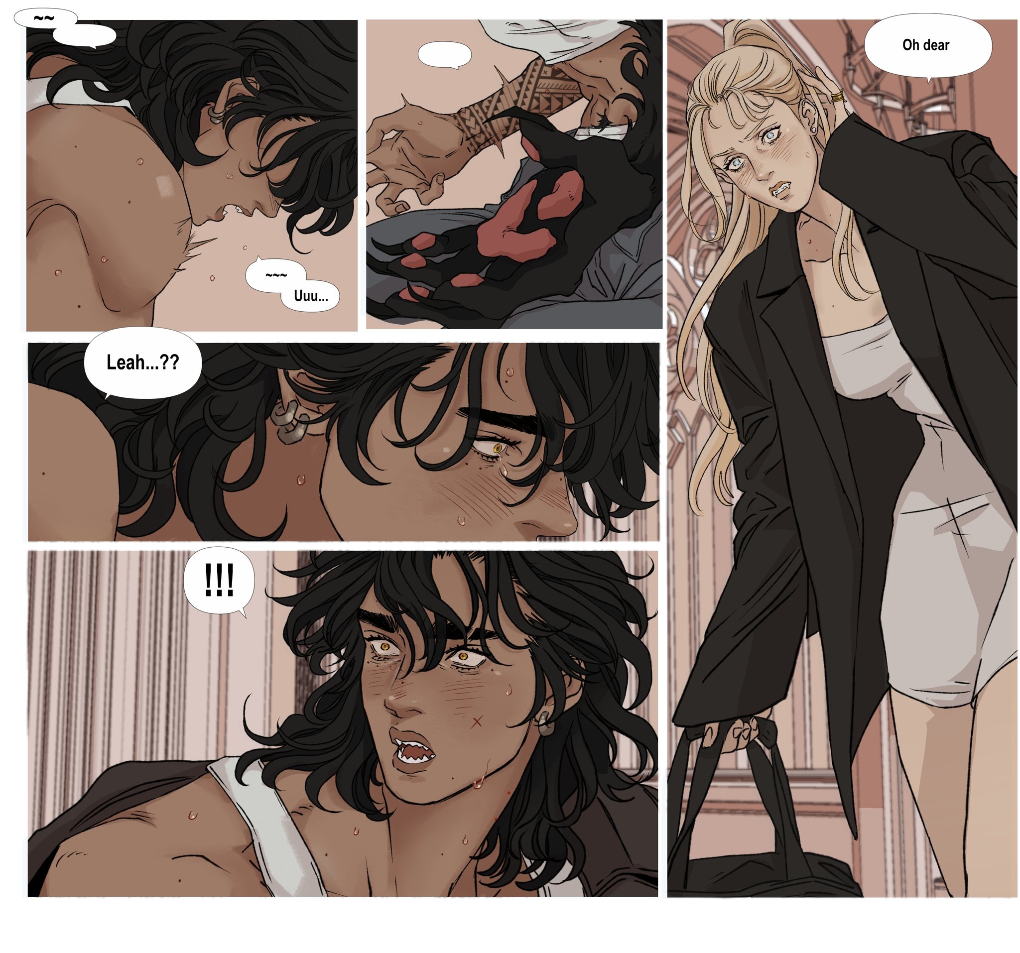 the image is a comic panel from a graphic novel or manga. it consists of five panels. the first panel shows a closeup of a man's head and shoulder, with a speech bubble above him. the second panel shows a hand with tribal tattoos touching a black, furry paw with red markings. the third panel shows a woman with blonde hair, wearing a black blazer, looking to the side with a worried expression and a speech bubble saying "oh dear." the fourth panel is a closeup of the man's face, with a speech bubble saying "leah...??" the fifth panel shows the man's face and shoulder, with a speech bubble with three exclamation points. the man appears to be transforming into a werewolf.