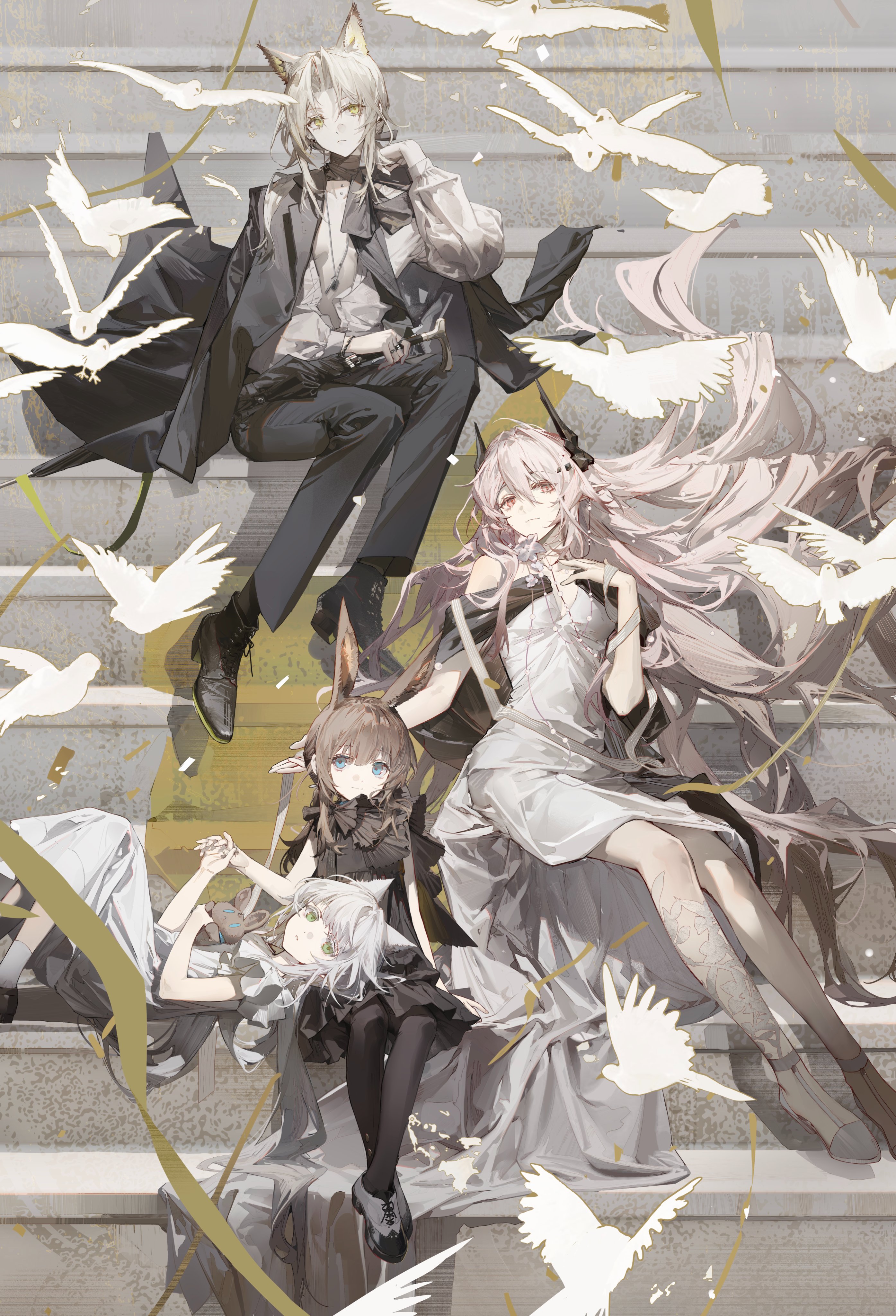 the image depicts four characters from the mobile game arknights. the characters are lappland, texas, amiya, and mostima, sitting on a staircase with many doves flying around. lappland, wearing a white dress, and texas, in a black suit, sit on the stairs behind amiya and mostima who are wearing dresses as well.