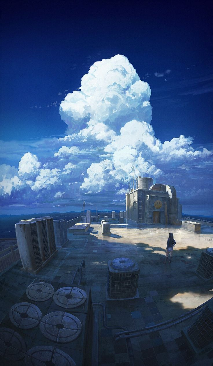 a digital painting in anime style shows a rooftop with air conditioning units and other equipment under a cloudy blue sky. a girl is standing on the rooftop. a larger building is behind her. the sky is mostly covered in large white clouds with patches of blue.