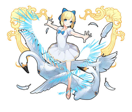 the image is of an anime girl dressed in a white dress and a blue ribbon, flying on two white swans. the girl has blonde hair and blue eyes. she is surrounded by feathers and has a magical, fantasy feel. the background is black, with gold floral designs.