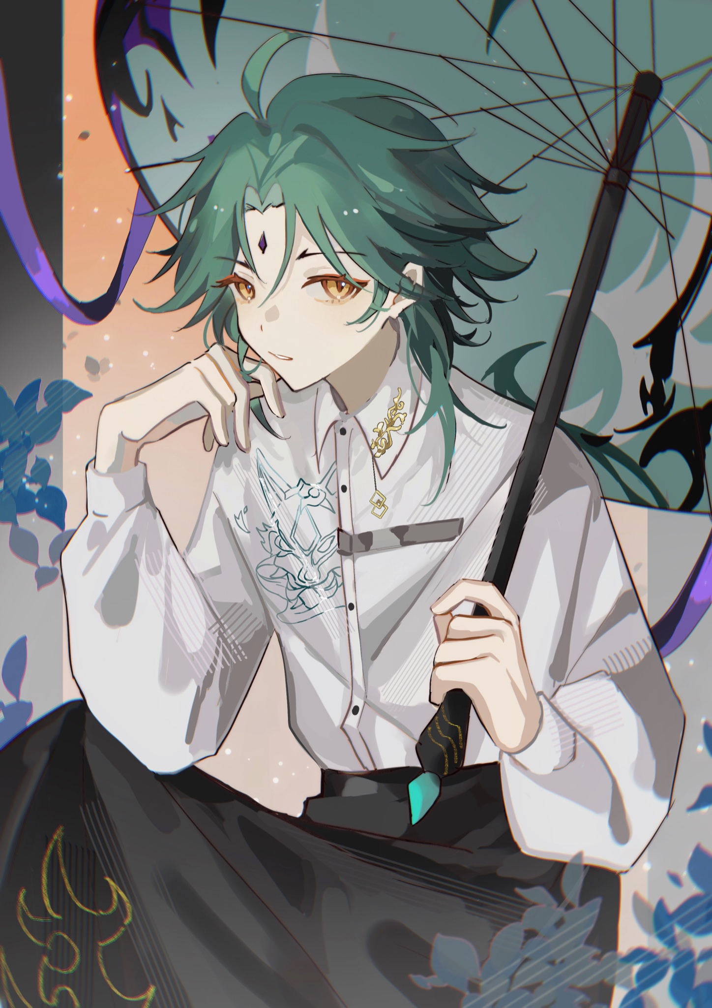 a digital illustration of an anime character. the character is a young boy with green hair, wearing a white shirt and black pants. he is holding an umbrella and looking at the viewer. the character is surrounded by flowers and plants. the background is a blurred image of a garden. the art style is very detailed and realistic.