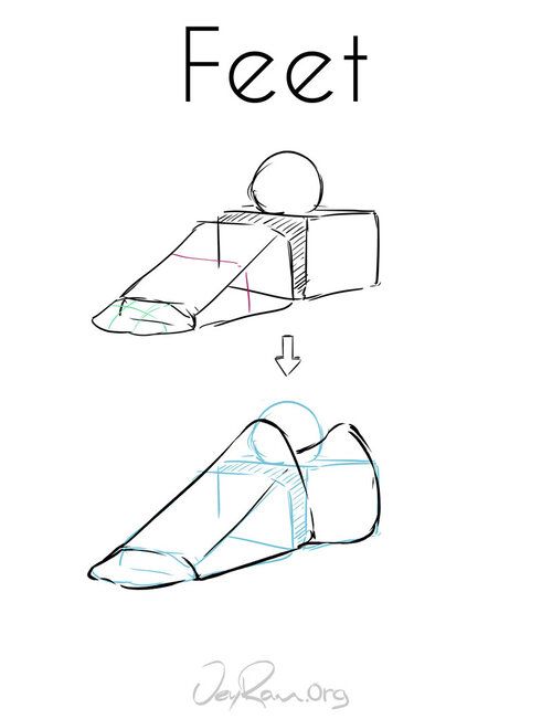 the image is an instructional drawing tutorial demonstrating how to draw feet using simplified geometric shapes.  the top portion shows a foot represented as a cube and a sphere, illustrating the basic form. an arrow points downwards to the next step, which shows a more refined drawing of a foot, still using the underlying box shape as a guide, but incorporating curves to create a more realistic appearance.  the tutorial uses light, sketchy lines to maintain a casual and instructional feel. the website "veyram.org" is subtly included at the bottom.