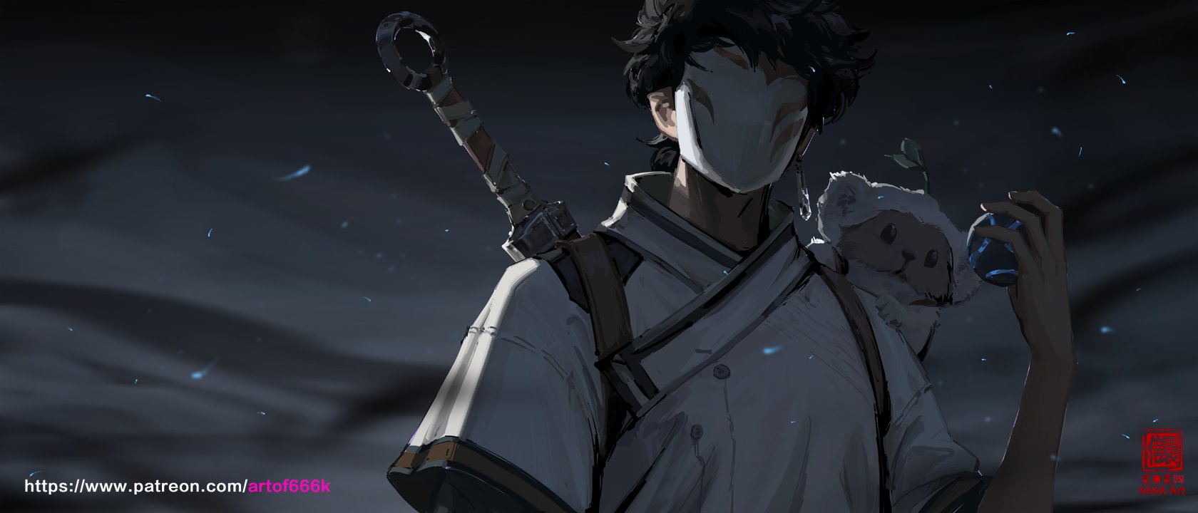 he digital painting showcases a male character from the waist up, his face obscured by a white mask. he's dressed in light gray/white asianinspired clothing and carries a sword strapped to his back. a small, plush lamblike creature is tucked into the strap of his bag. he holds a dark, glowing orb in his right hand. the background is dark and atmospheric, with tiny glowing particles scattered around. the overall mood is mysterious and evocative.  a watermark featuring "art of 666k" is visible in the lower right corner.