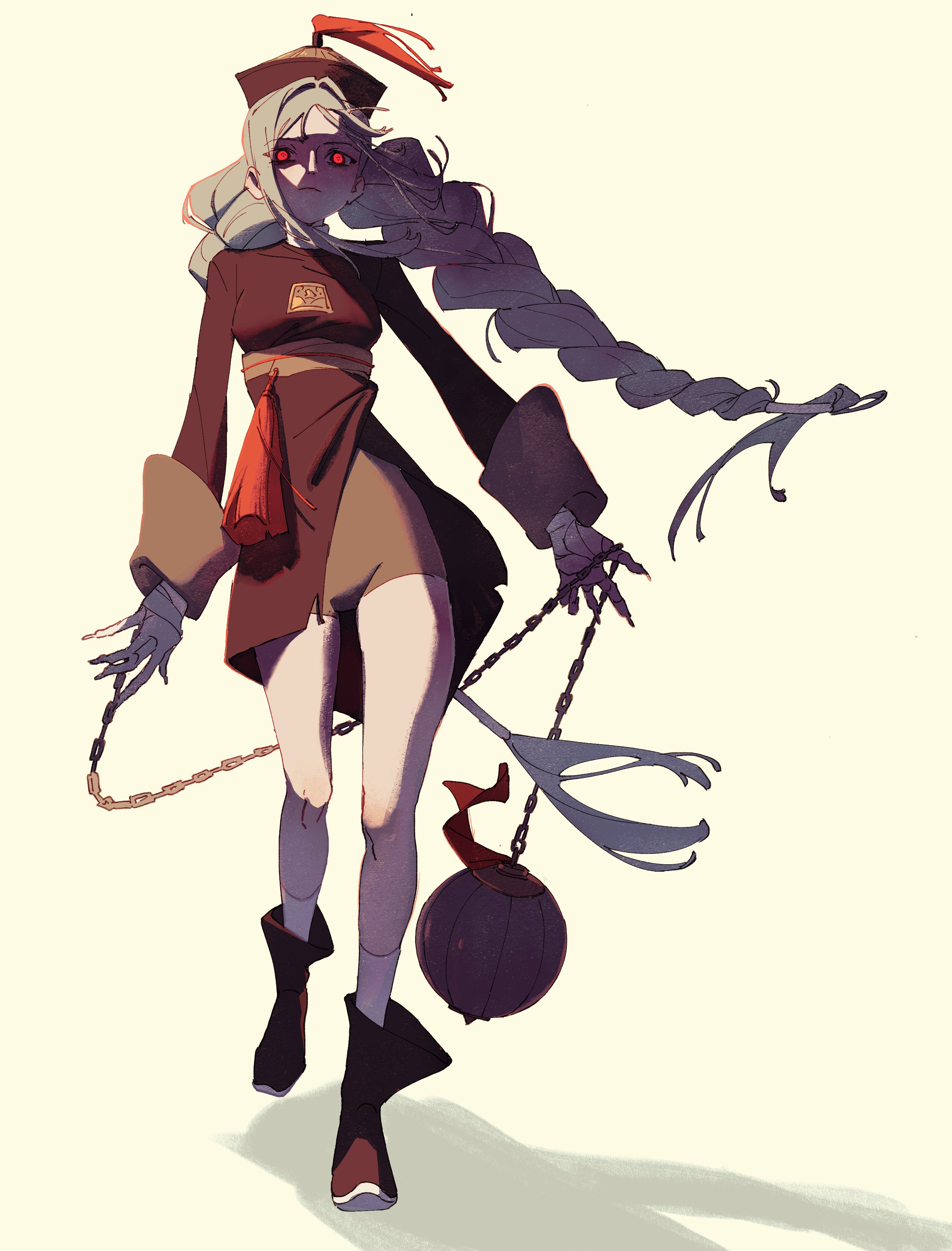 a digital illustration of a young woman with long white hair and a braid, wearing a red chinese dress, with red eyes. she is holding a chain with a large ball on the end. she has a pale complexion and a slightly menacing look on her face.  she is drawn in a anime style.