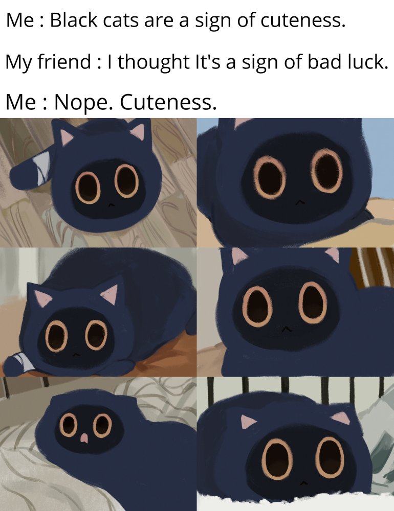 this is a meme that features a series of cartoon black cats with large eyes and a hooded look.  the text of the meme reads "me: black cats are a sign of cuteness. my friend: i thought it's a sign of bad luck. me: nope. cuteness."  this meme is suggesting that black cats are actually cute.  it's a popular meme, often shared on social media.