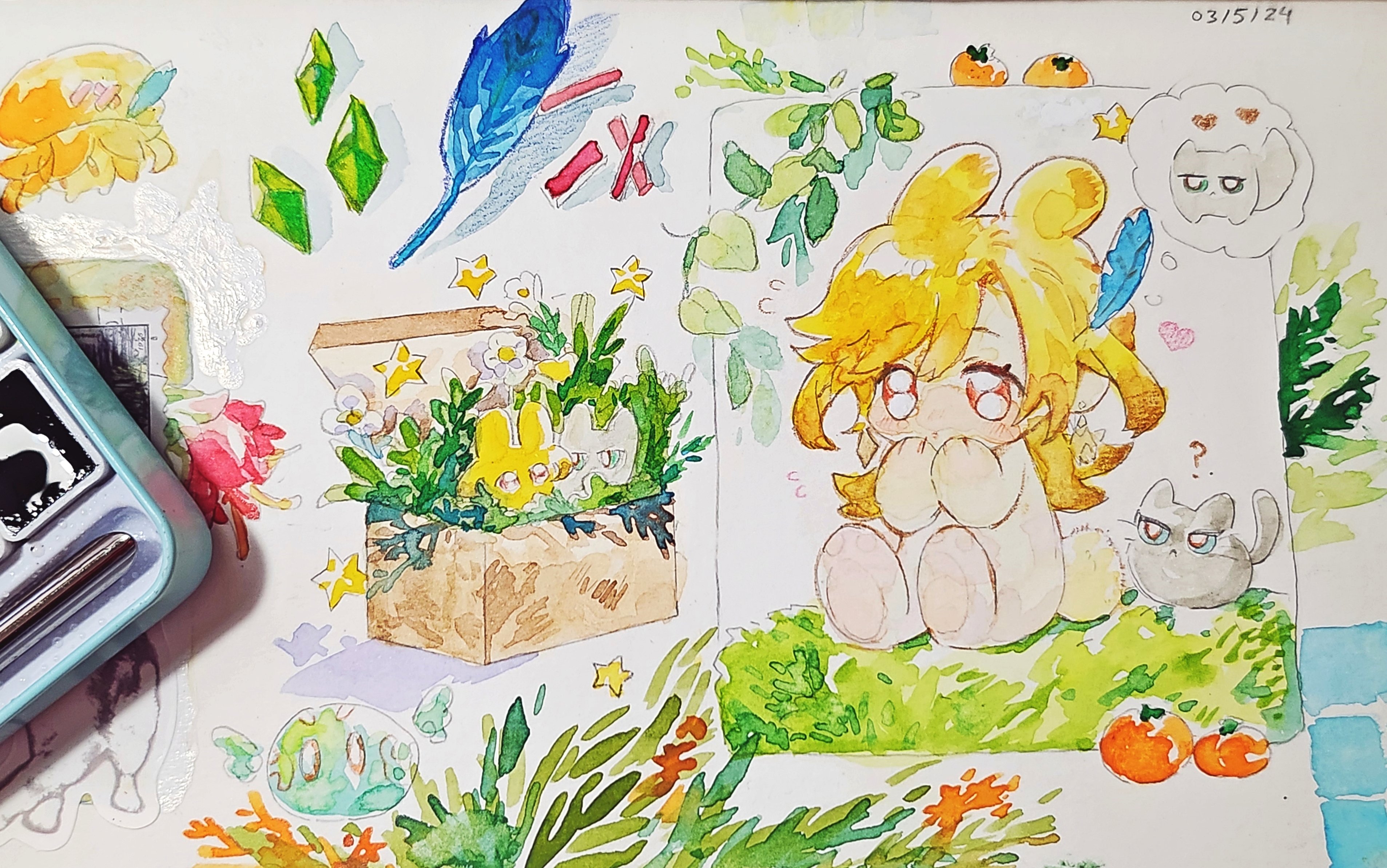 the image is a watercolor painting of a cute cartoon girl with yellow hair sitting in a green grassy area with a cat. there are flowers in a box in the corner of the image. there are other watercolor drawings of flowers, leaves, and animals in the background. the painting is done in a cheerful and playful style. the girl is holding her hands together and looking down, while the cat is looking up. the flowers are all in bloom and the leaves are green. the painting overall has a happy and cheerful mood.  the image also has the date "03/5/24" written in the top right corner.