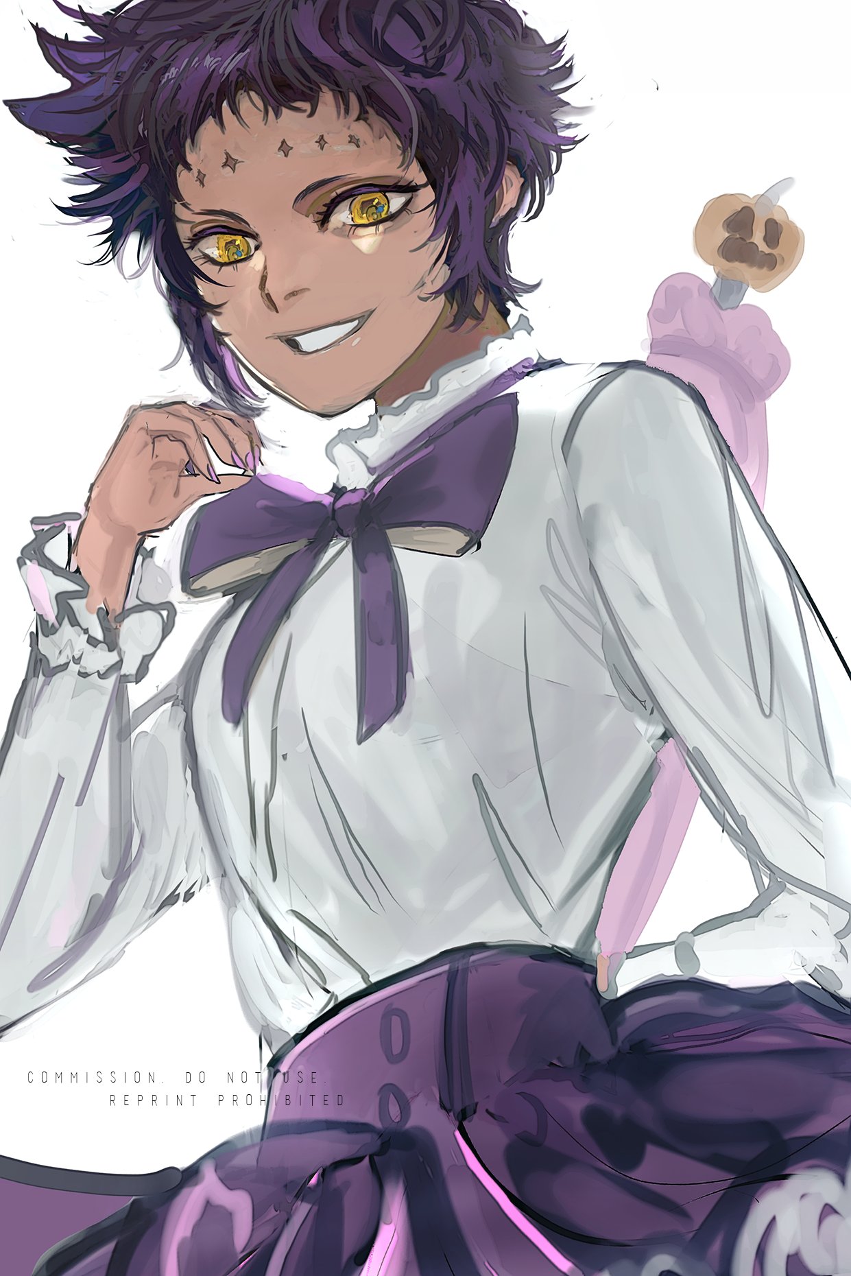 a digital drawing of an anime girl with purple hair and a white shirt and purple bow. she has yellow eyes and her hair covers most of her face. her expression is friendly and happy.  she is wearing a purple skirt and appears to be posing for a picture.  there is a pink object behind her to the right side.