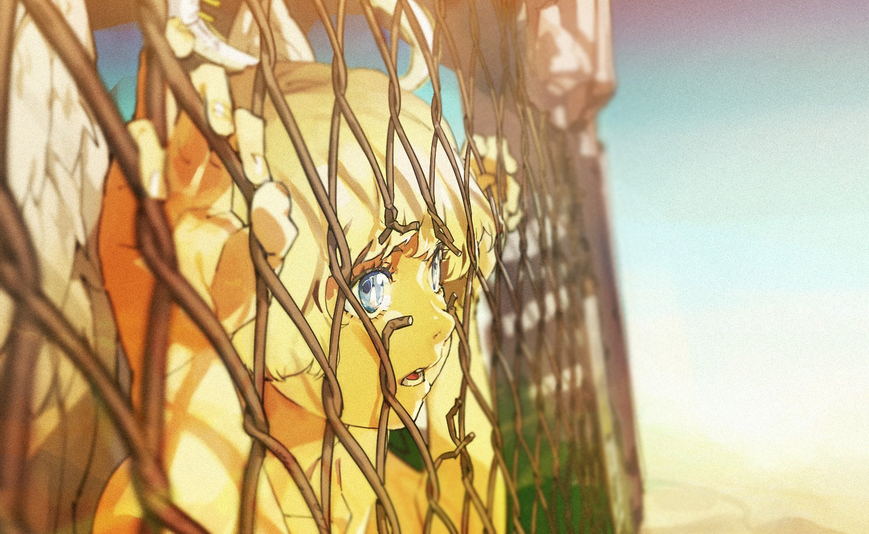a closeup illustration of a young person with short white hair and blue eyes, their face pressed against a chainlink fence. they appear to be trapped or distressed, their expression conveying fear or worry. the warm, golden sunlight suggests it might be late afternoon. the overall palette is warm and bright, contrasting with the character's emotional state.
