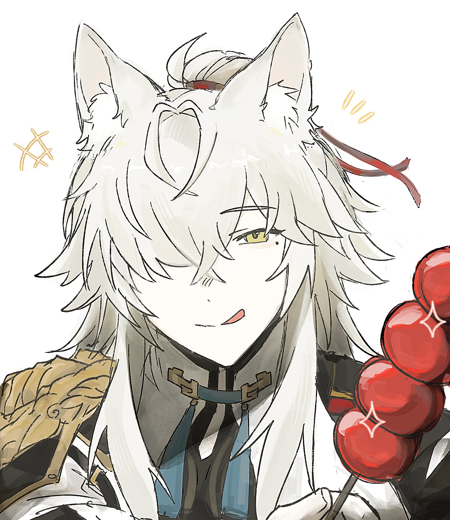this is a digital illustration of an anime character. he has long white hair and wolf ears. he is wearing a black and gold outfit. he is smiling and holding a candy on a stick. he looks happy and cheerful.