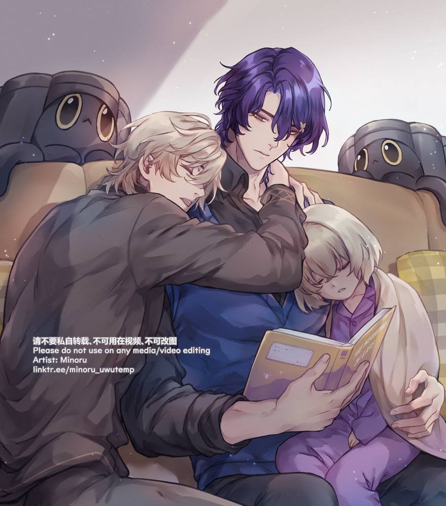 this is an anime illustration of three young men. two men are hugging and looking at each other affectionately, while a third man is nestled between them, looking tired. the man on the right has purple hair and blue eyes, and the man on the left has blonde hair with blue eyes. the man in the middle has brown hair and blue eyes, and is wearing a purple shirt and a white blanket. they are all cuddling up on a couch and the man on the left is reading a book. the image is very cute and cozy, and it conveys a strong sense of love and affection between the three men.