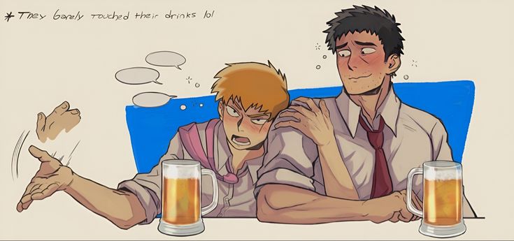 the image is a piece of fanart depicting shigeo kageyama (mob) and reigen arataka from the anime mob psycho 100. they are sitting close together at what appears to be a bar, each with a beer mug in front of them. mob is blushing and slightly leaning on reigen's shoulder. reigen has his arm around mob's shoulder, and both are blushing.  speech bubbles above mob suggest a nervous or shy internal monologue. the text at the top playfully notes that they barely touched their drinks. the art style is casual and expressive, typical of fan art. the overall mood is sweet and suggestive of a budding or established romantic relationship between the two characters.