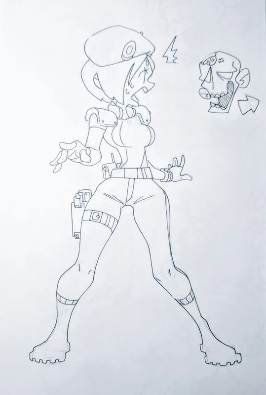 a pencil drawing of a cartoon female character in a military uniform and cap. she is holding a gun in her right hand and is looking to the left, possibly at a target. the drawing is in black and white and is set against a white background.