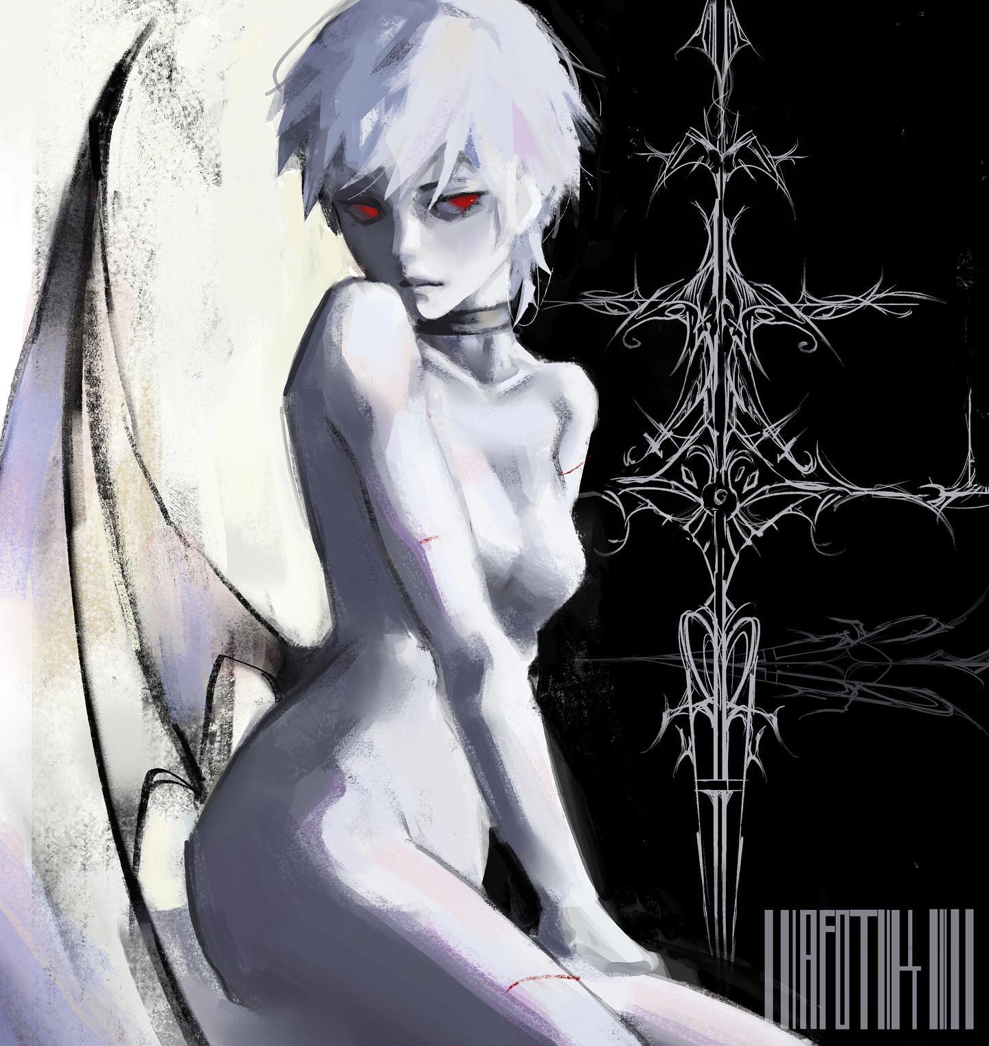 the image is a digital painting or illustration of an animestyle female figure.  she has short, white hair, red eyes, and pale skin. she appears partially nude, with her body subtly suggesting nudity. she has what appears to be a pair of large, pale wings behind her, and there are subtle scars visible on her body. the background features a stark black and white contrast with an intricate, gothicstyle cross or symbol in the dark space. the overall style is dark, gothic, and suggestive, with a blend of light and shadow to enhance the contrast and mood. the art style is painterly, employing loose brushstrokes that give a sense of movement and texture.