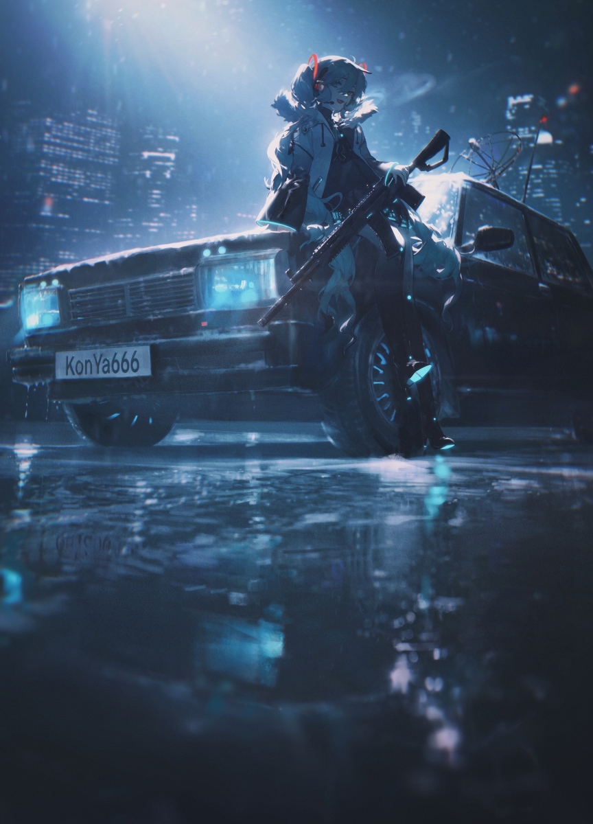 an anime girl with a rifle is sitting on the hood of a dark car at night in the rain. the license plate reads "konya666". the city skyline is visible in the background, and blue lights reflect on the wet street.