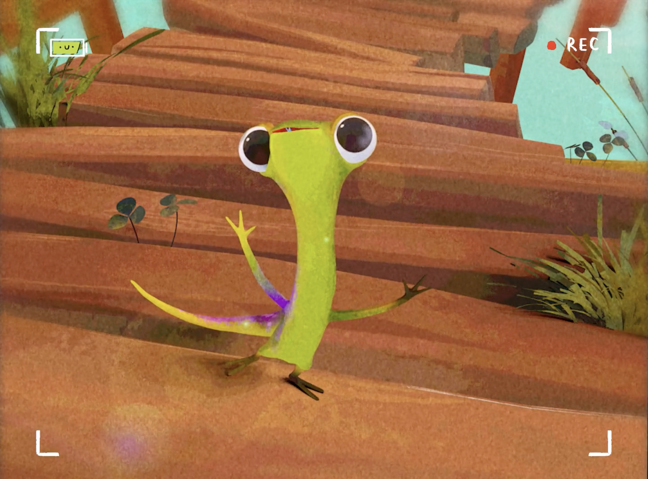 a 3d animated creature with large green eyes smiles cheerfully at the camera. it has a light green body and a yellow tail. it stands on a wooden floor.  the image is set in a digital art style.