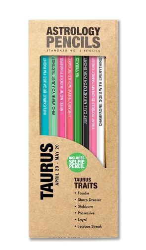 a package of "astrology pencils" designed for the taurus zodiac sign, featuring pencils with various sassy and characteristic quotes, a list of taurus traits, and a note indicating the set includes a "selfie pencil."