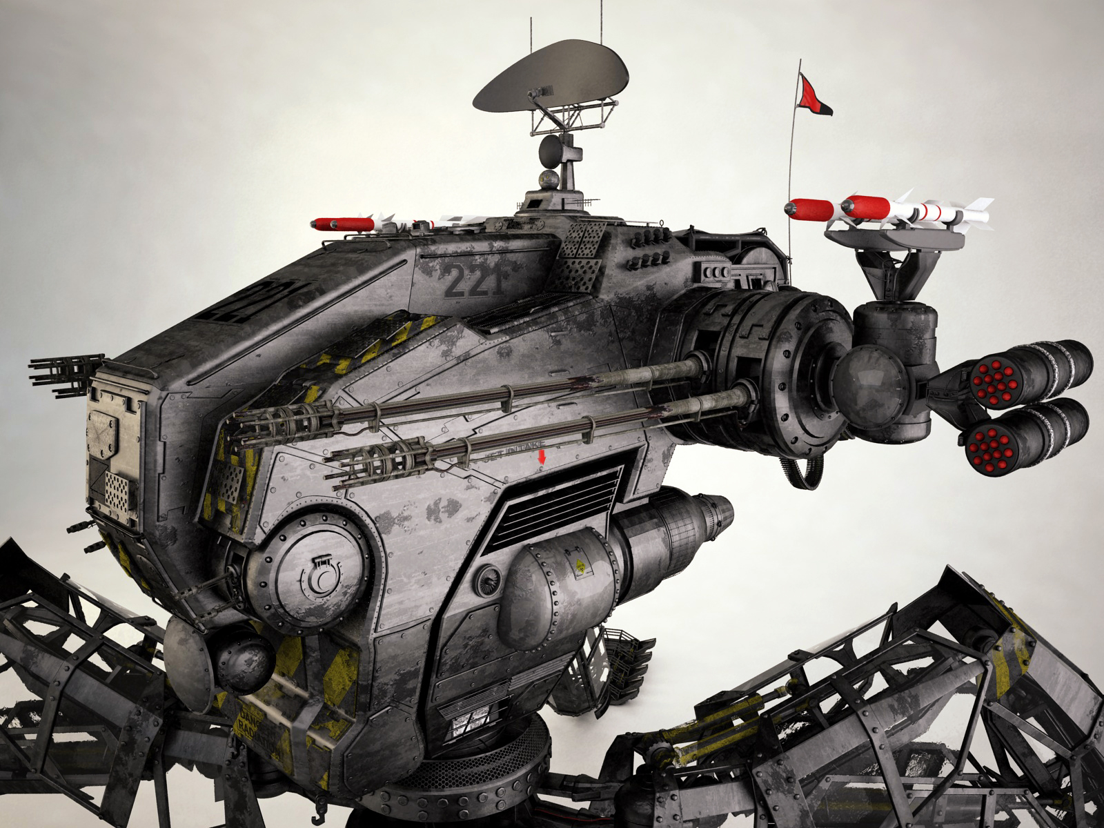 a futuristic armored robot, covered in weaponry and a warning sign. it looks as though it may have been involved in an intense battle, and is ready to get back in the fight.