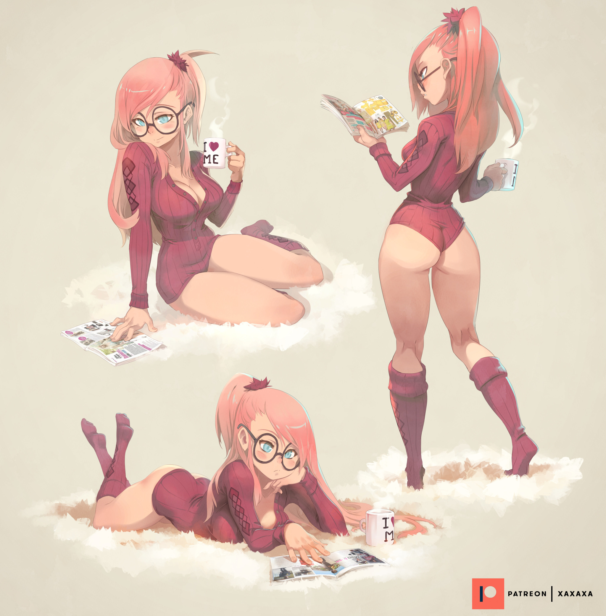 the image features three variations of the same female anime character. she has pink hair, red sweater, glasses, and is holding a coffee cup and a book. in the first image she is sitting down, in the second she is standing, and in the third she is lying down. all three variations of the character are set against a white, fluffy background, and have a sweet and cute aesthetic.