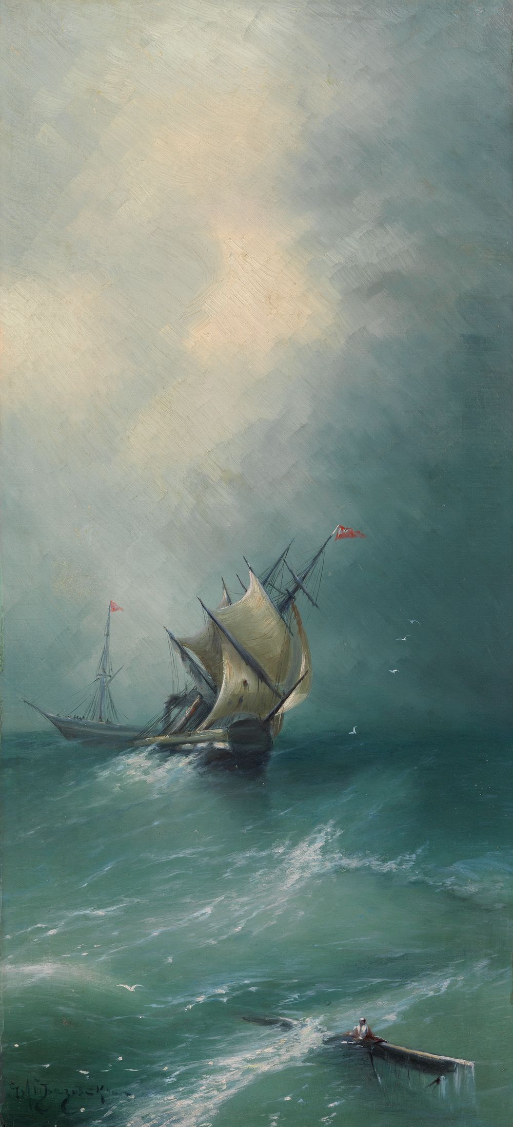the painting depicts a ship sailing through a stormy sea. the ship has large sails and a flag waving from its mast. the sea is turbulent with large waves, and the sky is filled with dark clouds, indicating a storm. in the foreground, a small rowboat with a man on it is seen battling the waves. the overall atmosphere of the painting is dramatic and conveys a sense of danger and struggle against the elements.
