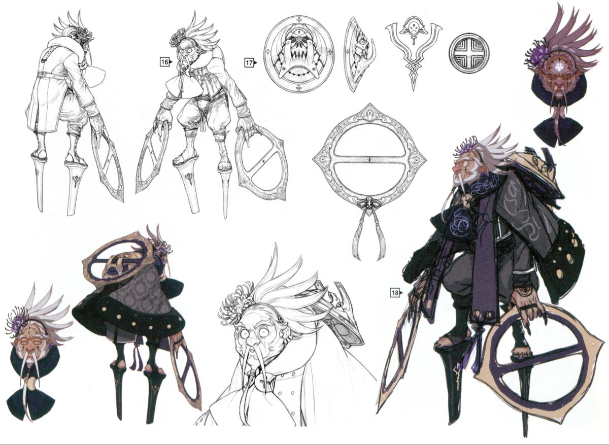 this image showcases concept art for a video game character. multiple sketches depict an elderly man with long white hair and a long white beard. he wears a long, flowing robe and a distinctive mask over his eyes. the character's most striking feature is his mechanical stilts, adorned with intricate designs.  several detailed drawings highlight the design of the stilts and their various components.  the art style suggests a fantasy setting and hints at a rich backstory for this intriguing character.