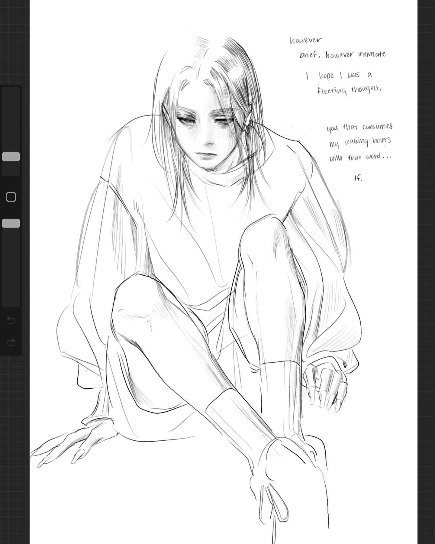 a pencil sketch of a young girl sitting with her knees bent, with her hands resting on her legs, wearing a longsleeved shirt. her long, straight hair is covering her face, and the drawing is of her from a closeup perspective. the sketch is uncolored and has some handwritten text on the right side.