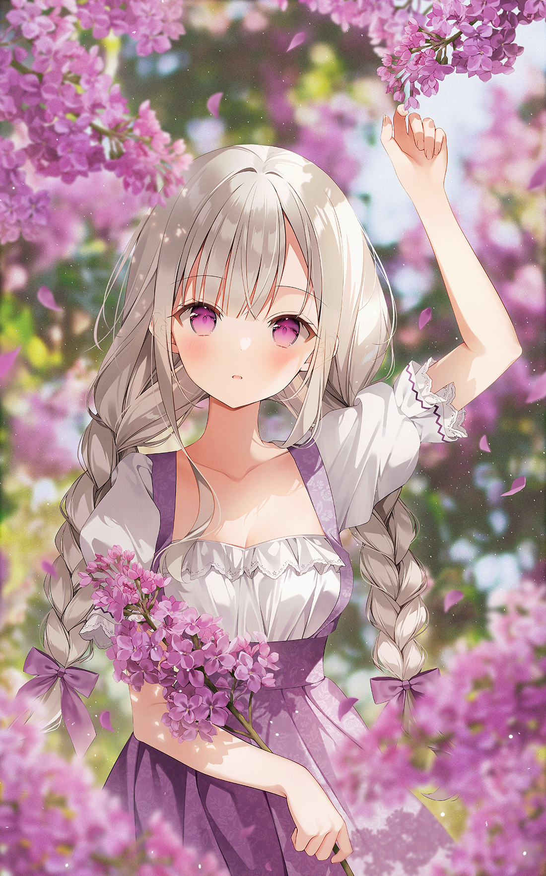 the image showcases a charming anime girl with long, braided whitegrey hair. she is dressed in a lovely purple and white dress, adorned with ruffles.  she holds a bouquet of purple lilac flowers and is standing amidst a backdrop of blossoming lilac bushes, creating a vibrant and colorful springtime setting. the girl's expression is sweet and gentle, with large purple eyes and a soft smile.  the overall style is highly stylized and aesthetically pleasing, with soft lighting and pastel colors dominating the scene. the image conveys a feeling of innocence, serenity, and natural beauty.
