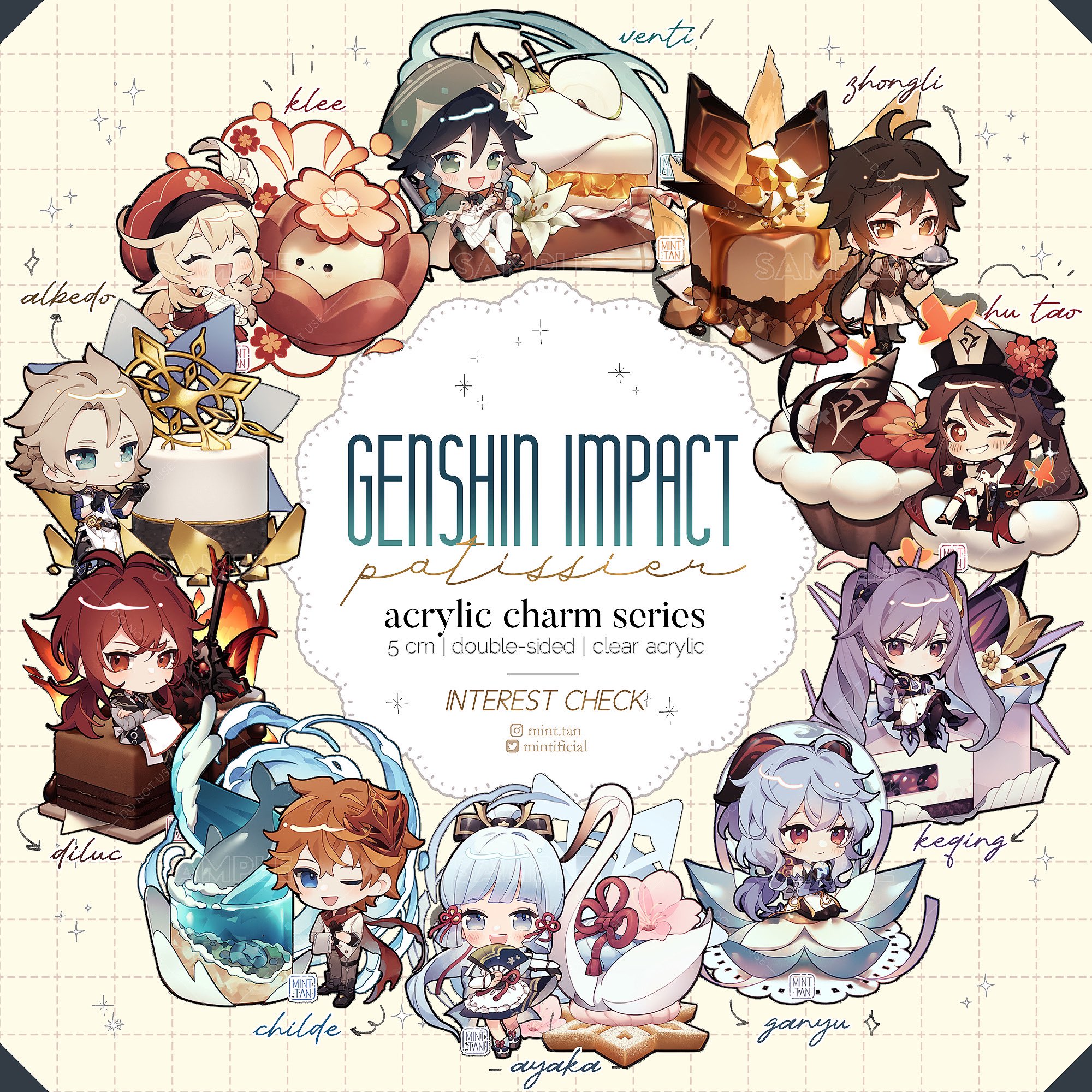 the image shows a set of acrylic charms for the popular mobile game genshin impact. each charm features a different character from the game, depicted in a chibi style and surrounded by a cute pastry design. the characters include albedo, diluc, venti, klee, zhongli, hu tao, childe, ganyu, ayaka, and keqing. the charms are doublesided and made from clear acrylic, measuring 5 cm in diameter. the image also includes a text that says "genshin impact patisserie" and "acrylic charm series".  the charms are for sale and the image is promoting an "interest check" for potential buyers.