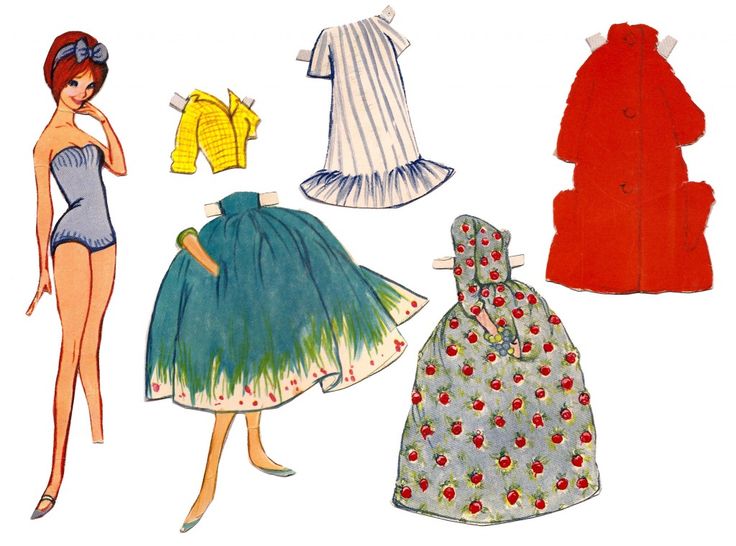 the image shows a vintage paper doll with a blue bow in her hair and a collection of paper clothes to dress her up. the clothes include a striped dress, a yellow jacket, a green skirt with flowers, a red coat, and a floral dress.