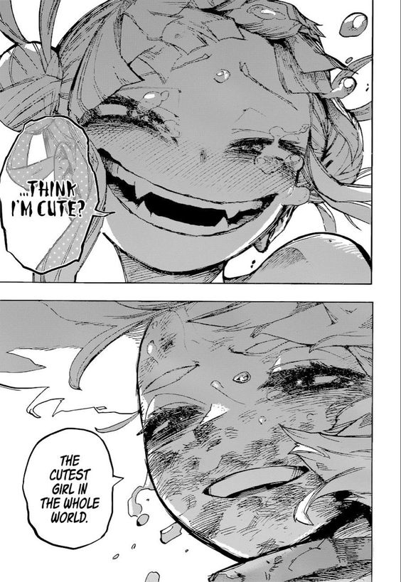 it's a twopanel manga page. the top panel shows a girl with a large, toothy grin and sweat coming off her face. she is thinking "think i'm cute?". the bottom panel shows a closeup of the same girl's face. her eyes are closed and she's blushing heavily, with more sweat coming off her face. the text in this panel reads, "the cutest girl in the whole world."