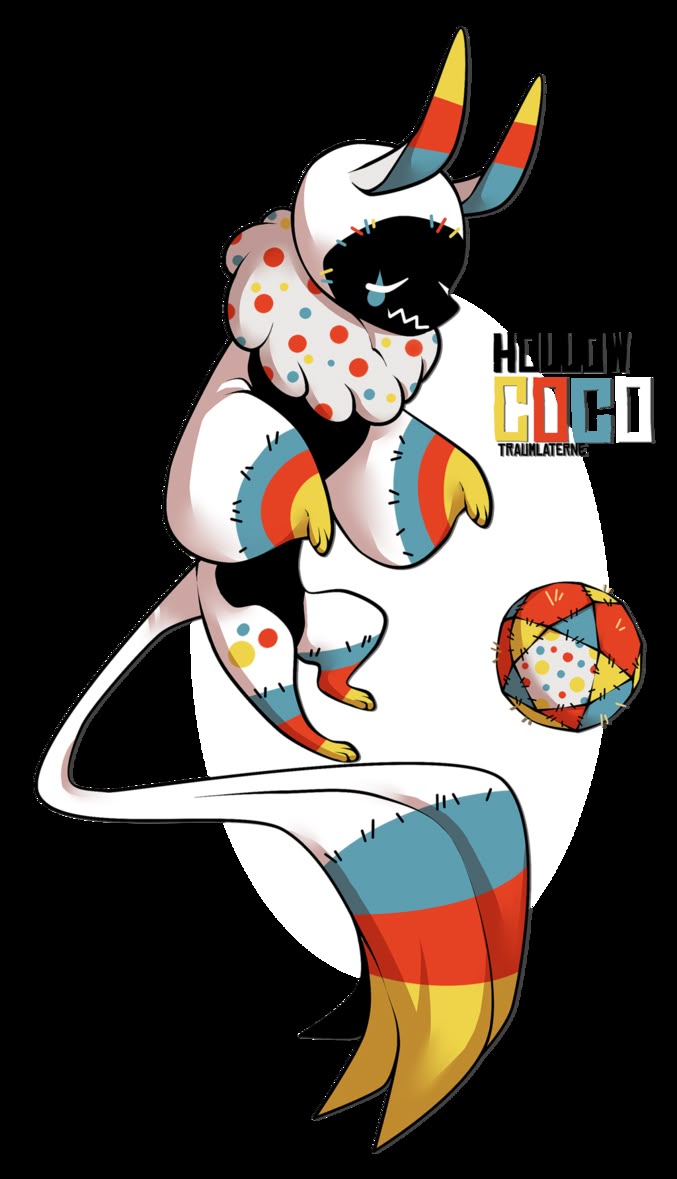the image features a whimsical cartoon character named "hollow coco" set against a black background. hollow coco resembles a stuffed animal, primarily white with colorful polka dots and stripes in blue, red, and yellow. the character has horns, a dark face with stitched seams, and appears to be crying. a patchwork ball is positioned near the character. the text "hollow coco traumlaterne" is included next to the figure. the design gives the impression of a handmade or crafted toy with visible stitching details.
