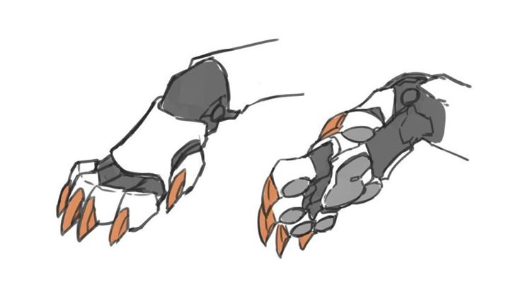 the image shows a drawing of two mechanical paws with a futuristic design. the paws have white and grey armor plating and orange claws. the style of the paws makes them appear furry.