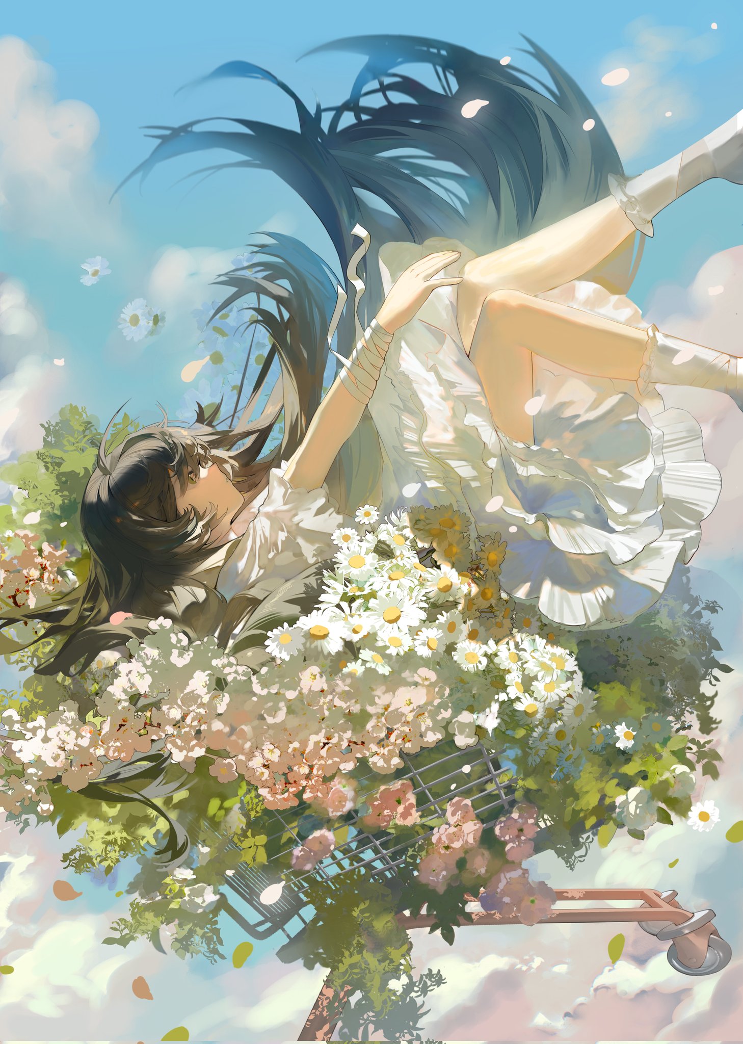 he image is a digital painting or illustration of an animestyle girl with long brown hair floating or falling through the air in a whimsical, dreamy scene. she is wearing a white dress and white socks, and appears to be resting in a shopping cart filled with various flowers, mostly daisies. the background is a light blue sky with fluffy white clouds and scattered petals. the overall style is soft, pastel, and ethereal, creating a magical and fantastical atmosphere.