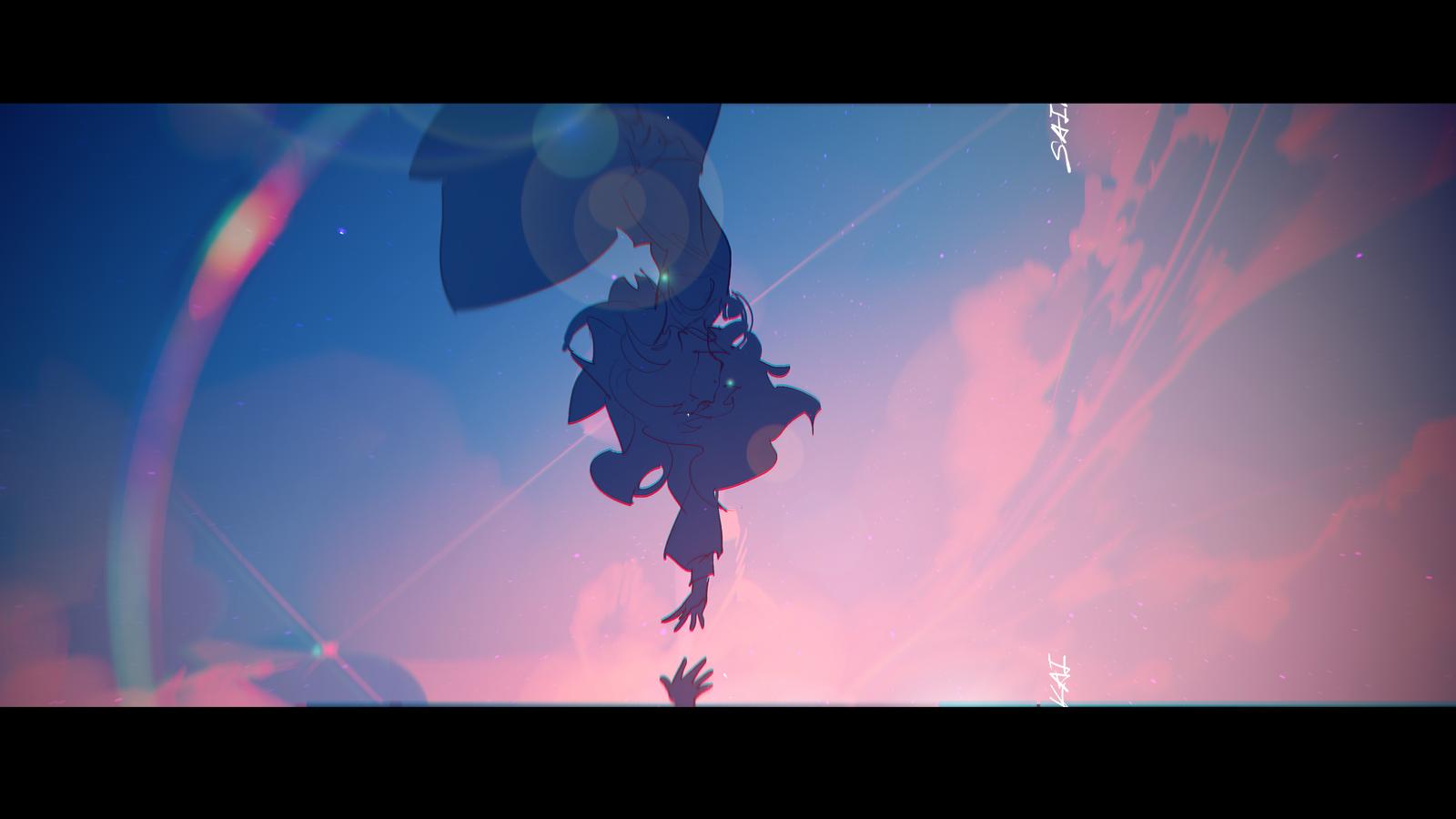 a digital anime style illustration depicting two silhouetted figures against a colorful sunset sky. one figure, larger, is reaching down with an outstretched hand towards a smaller figure below, whose hand is reaching upwards. the background features a mix of blue and pink hues, suggesting a sunset, with scattered clouds and lens flare effects. the words "sai" and "kai" are faintly visible on the right side of the image. the scene evokes a sense of connection, hope, and reaching out.
