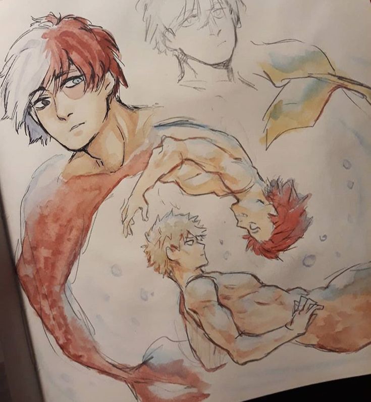 the image is a watercolor and pencil sketch fanart depicting two characters, seemingly inspired by the anime/manga my hero academia.  one character strongly resembles kirishima eijirou (with red hair) and the other bakugo katsuki (with blonde hair). both characters are drawn as merfolk, with red and a lightercolored fishtails. the drawing shows them swimming close to each other; one is oriented more horizontally, the other is positioned vertically. there are additional smaller sketches in the upper portion of the page, including a more traditionalstyle sketch of a head that may also be inspired by characters from the show. the overall style is loose and expressive, characteristic of a quick sketch or study. the bubbles and water color techniques add to the underwater setting.