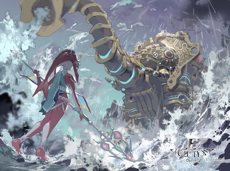 artwork featuring mipha, a zora character from "the legend of zelda: breath of the wild," facing divine beast vah ruta in a stormy sea. mipha holds a spear and stands determinedly, while the mechanical divine beast towers behind her amidst crashing waves.