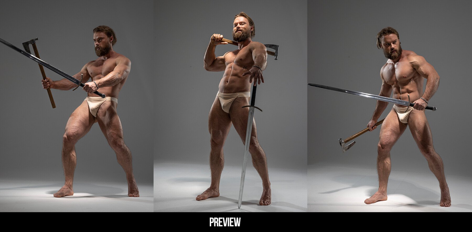 a muscular man in a loincloth poses with a sword and axe in three different ways.  he looks confident and ready to fight.  his pose is powerful and  shows the strength of a warrior.