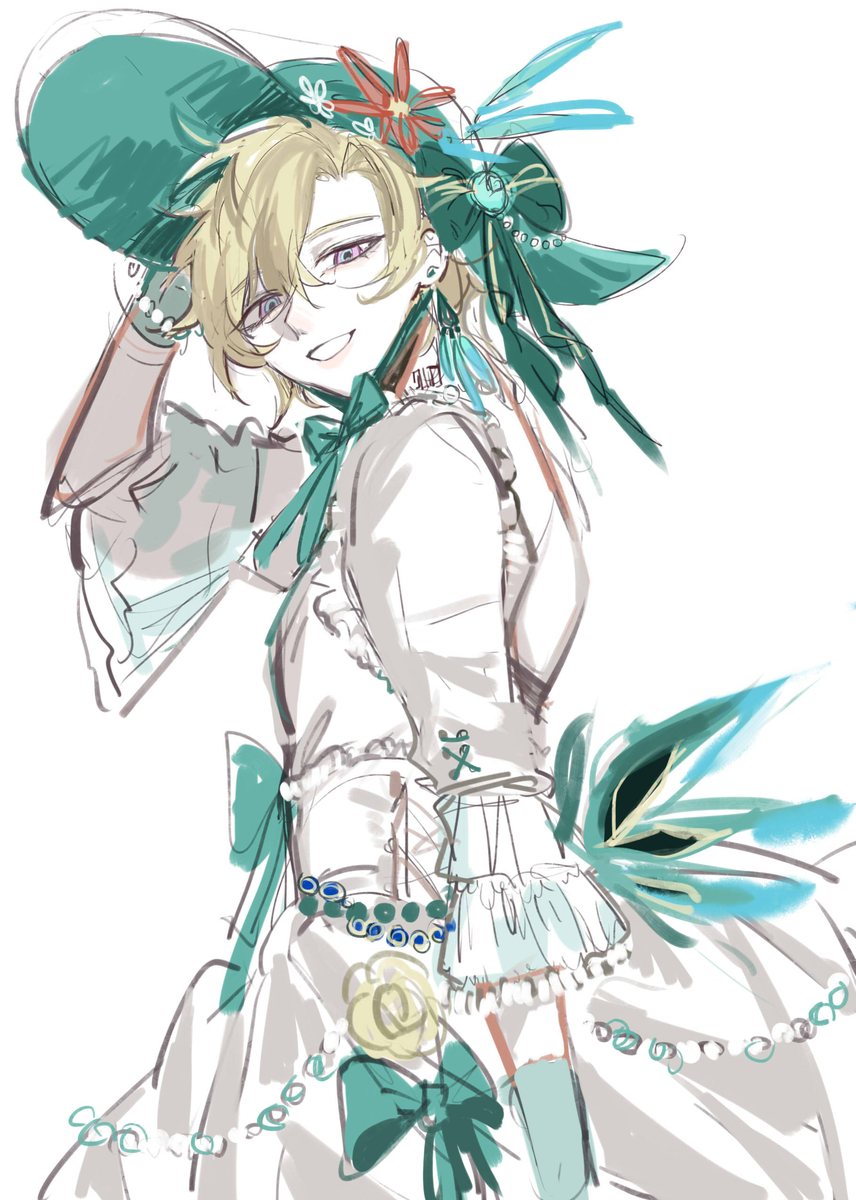 a digital drawing of an anime character wearing a white dress, a hat, and a big bow.  the character has light blonde hair and blue eyes and is smiling at the viewer. there are flowers on the hat, and the dress is decorated with beads and ruffles. the character is standing in a pose that shows off the dress. the background is a simple white background.