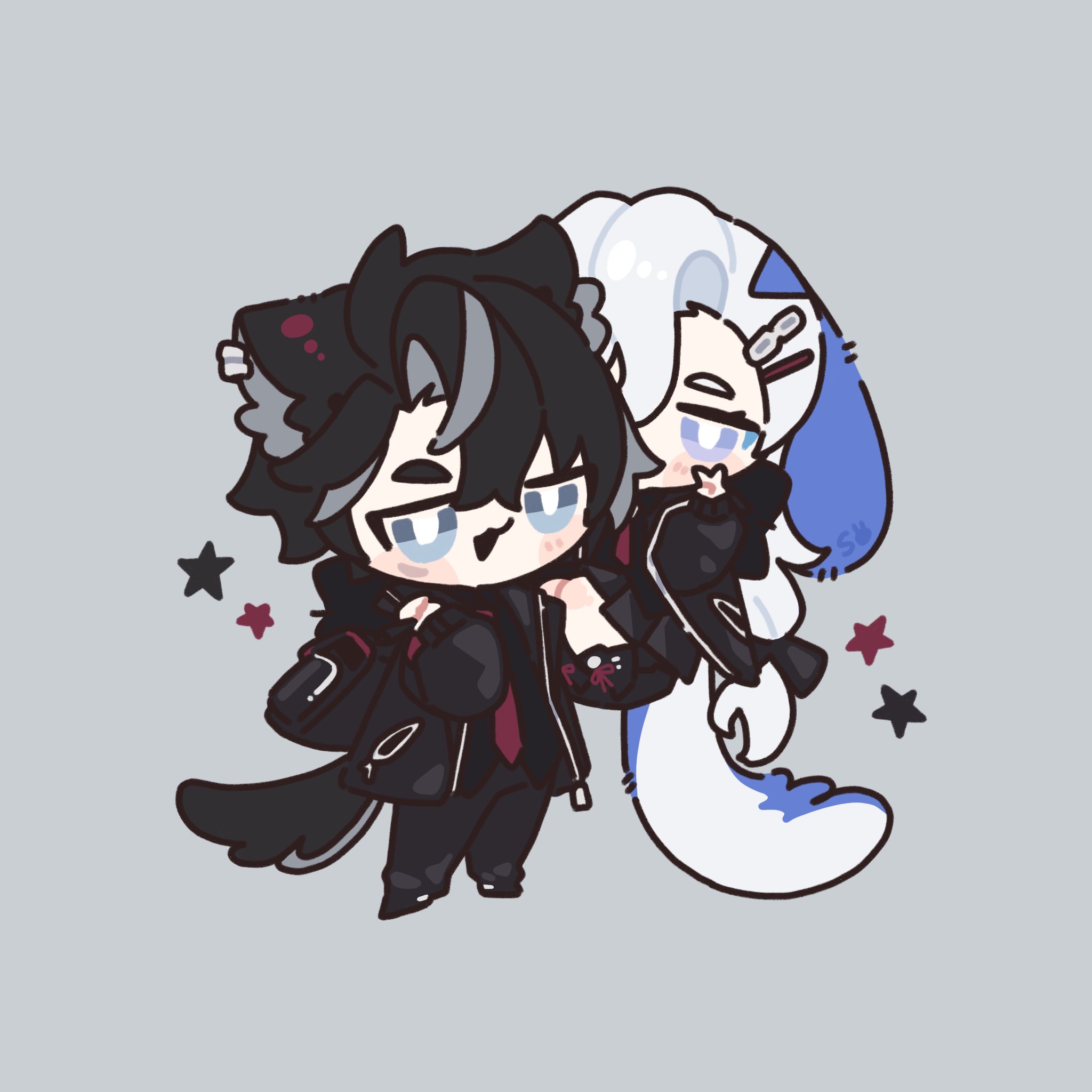 the image is a cute chibistyle illustration of an animeesque couple.  the male character, who appears wolflike with black and grey hair and wolf ears, is dressed in a black leather jacket with a red tie. he is embracing a female character with white and light blue hair and a somewhat doglike appearance. both are drawn in a cartoonish, adorable style with large expressive eyes.  the background is a simple, light grey with some small decorative stars. the overall mood is sweet and affectionate.