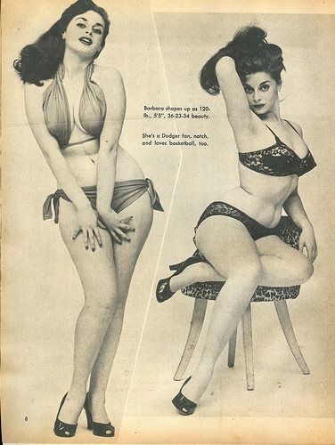 a black and white photo from a vintage magazine featuring two women posing in swimsuits.  the woman on the left is standing and  wearing a bikini top and bottoms. the woman on the right is sitting on a stool, wearing a  bikini top and high heels. the caption below the photos says that the woman is 5'5" and 120 pounds.