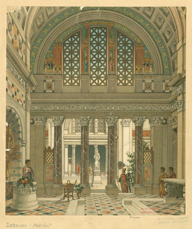 the image is an artwork depicting an ancient roman interior. it features a grand hall with large arch windows, columns, mosaics, paintings, and sculptures. figures are seen throughout the scene, adding to the historical context. the artwork showcases intricate architectural details and artistic embellishments.