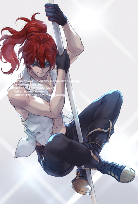this is an illustration of an anime boy with red hair and white shirt. he is climbing up a pole with black gloves on. he has black pants with gold accents and is looking off to the side.  the background is white.