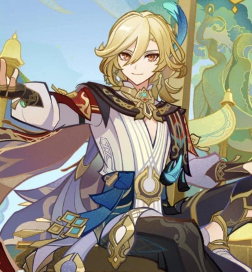 the image shows an anime character from the game genshin impact. the character is a young man with blond hair, blue eyes, and a charming smile. he is wearing a white and blue outfit with gold accents, and he is sitting with his legs crossed. he looks like he is in a confident and powerful pose. the background is a blur of colors and shapes, which makes the character stand out. the image is welldrawn and detailed, and it captures the character's personality and style.
