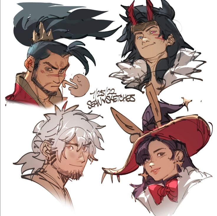 the image showcases four distinct character sketches in a loose, dynamic style reminiscent of digital concept art or preliminary character design.  the art style blends anime and manga influences with a more painterly approach.  the sketches are as follows:1. a muscular male character with dark hair pulled back in a topknot, wearing a crown, seemingly a warrior type. he has a serious expression.2. a male character with dark hair and horns, wearing fur or a similar garment around the neck, he has a calm or smug expression.3. a male character with long, light gray/white hair, appearing softer and more gentle than the others, possibly an elder or mage type.4. a female character with long dark hair, wearing a large, elaborate red hat that resembles a witch's hat, and a red bow tie, conveying a friendly or approachable demeanor.all characters show visible brushstrokes and are rendered with varying degrees of detail, indicating they are likely preliminary sketches or concept art pieces. the artist's signature, "seanvsketches," and a date ("1/25/22") are visible. the overall style suggests that these characters may be for a game, comic book, animation, or similar project.