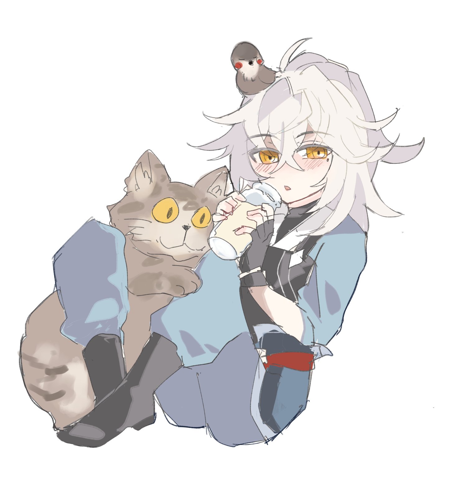 a digital illustration of a young girl with white hair and a light blue outfit is sitting with a cat and a bird. the girl is holding a cup in her hands and is looking down at it. the cat is sitting on her lap, and the bird is perched on her head. the girl is smiling, and she appears to be enjoying her drink. the illustration is drawn in a cute and cartoony style, with soft colors and rounded lines.