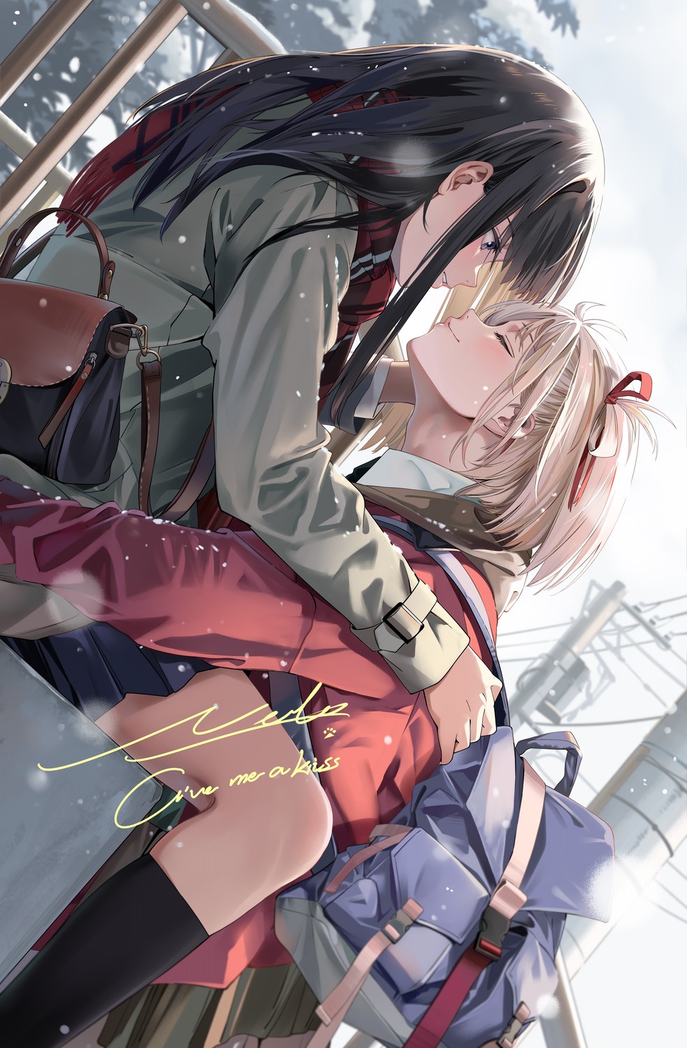 the image is a digital painting of two anime girls sharing a tender moment. one girl with long black hair is embracing the other girl with shorter blonde hair. they are dressed in winter clothes, and snow is gently falling around them. they appear to be in a city setting, with buildings and utility poles visible in the background. the overall tone of the image is romantic and heartwarming.  the artist's signature is visible in the lower part of the image.