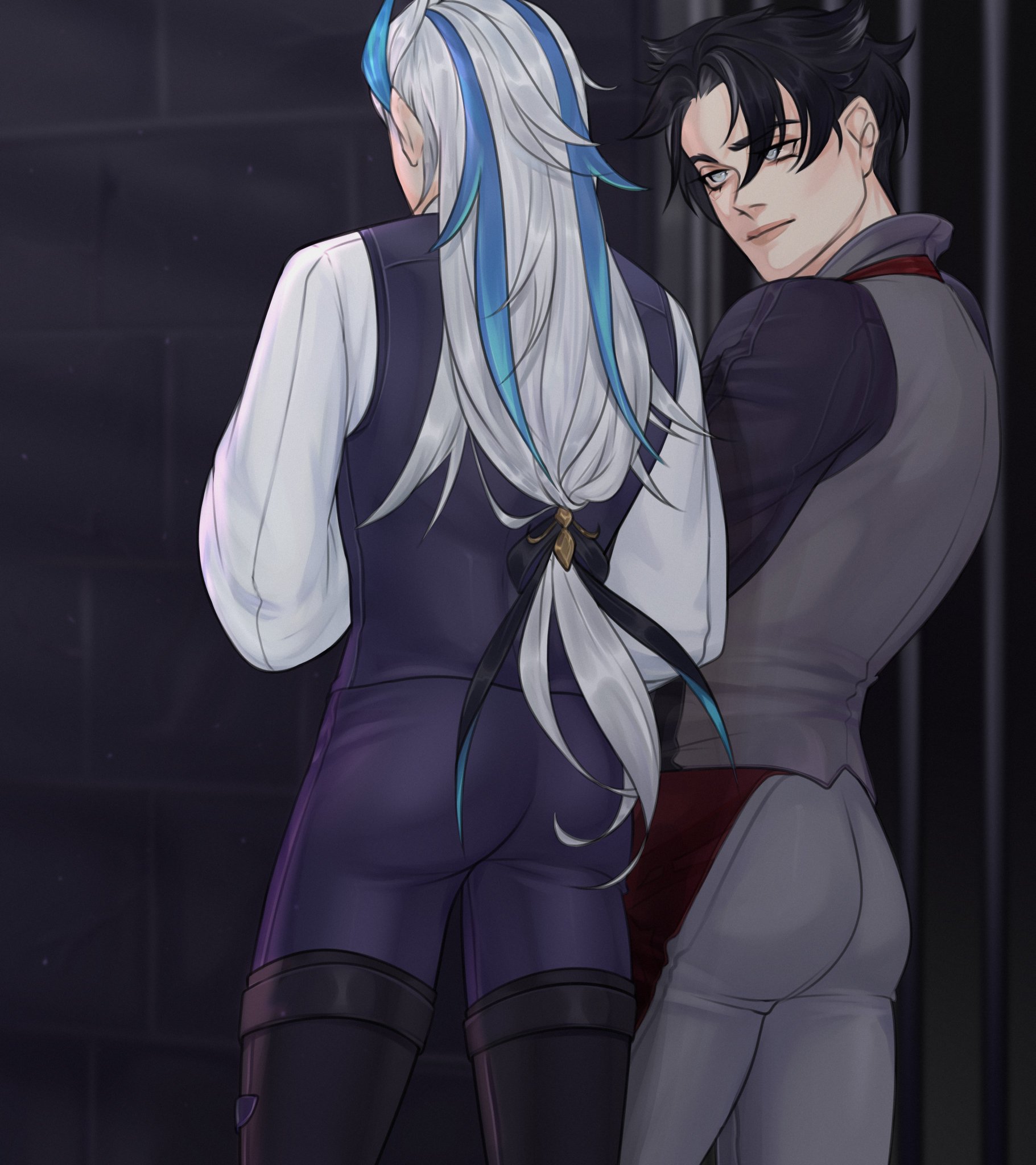 an animestyle illustration of two men standing close together. the man in the front has white hair and a blue streak in his hair. he is wearing a white shirt, a purple vest, and black pants. he has his back turned to the viewer, with his head tilted slightly to the side. the man in the back has black hair and is wearing a grey suit. he is looking at the viewer with a slight smile on his face. the men are in a close relationship. they are standing in a dark room and there is a hint of romance in the air.