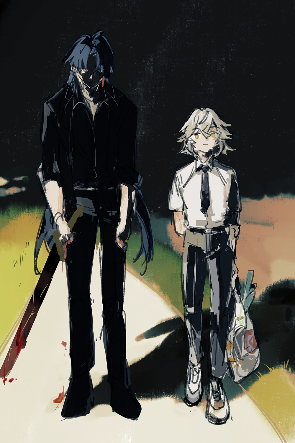 this illustration features two male characters, one in black and one in white, standing on a sidewalk at night. the character in black is holding a sword, while the character in white is holding a bag of groceries. they appear to be walking in opposite directions.  the image is styled in an anime style, with dark and shadowy backgrounds.