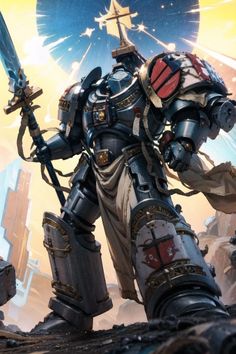 the image showcases a heavily armored warrior, reminiscent of a space marine from the warhammer 40k universe, standing amidst a ruined cityscape. he holds a massive sword aloft in his right hand, a halolike glow emanating from behind him. he wears ornate blue and silver armor adorned with religious iconography, suggesting a holy warrior role. the perspective is from a low angle, emphasizing his size and power.  the background features crumbling city structures and a bright, almost heavenly light shining from above.